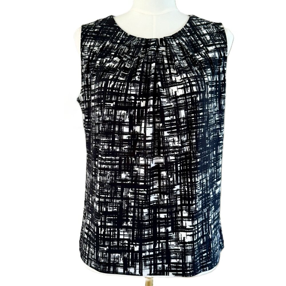 JONES NEW YORK | Black & White Pleated Neck Sleeveless Shirt Sz M